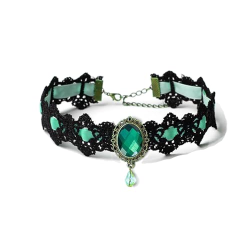 Gothic Vampire Choker Necklace for Women Adjustable Vintage Victorian Mystery Pirate Witchy Jewelry Emo Punk Black Lace Choker Costume - color: green