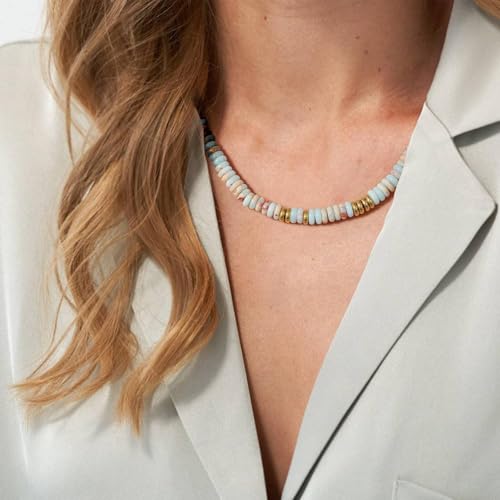 KissYan Boho Beaded Choker Necklace for Women, Gemstone Choker Natural Stone Freshwater Pearl Surfer Necklaces 14K Gold Plated Summer Beach Handmade Jewelry - color: P-Blue Red