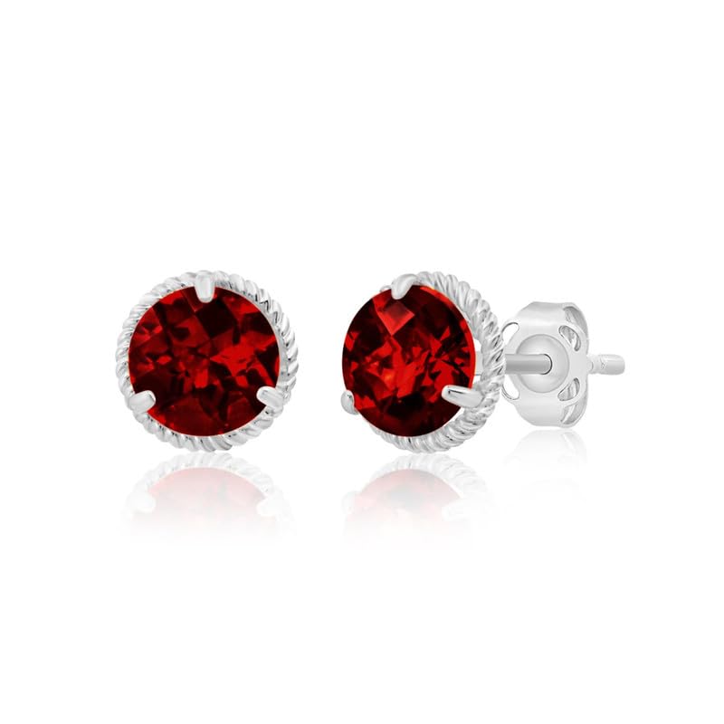 14k White or Yellow Gold Roped Halo Gemstone Round Stud Earrings for Women 6mm Birthstone with Push Backs by MAX + STONE - color: Garnet