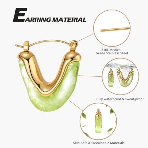 Fullpop Vintage Earrings for Women, Chunky 14K Gold Plated Resin Hoop Earrings Lightweight Hollow Drop Earrings Hypoallergenic Earrings for Women Vintage Anthropologie Jewelry Gifts for Women - size: V Shape Green