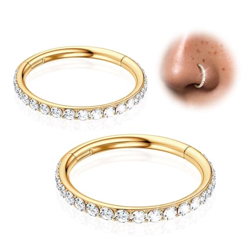 2Pcs Nose Ring Hoop Set: 14G 16G 18G 20G 316L Surgical Steel Septum Rings Hypoallergenic Body Jewelry 6/7/8/9/10/12MM Cartilage Earrings for Women Men - color: Gold-2pcs cz rings