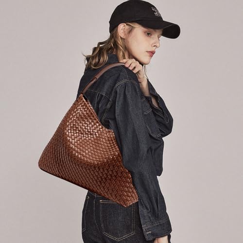 JINMANXUE Women Boston Bag, Woven Hobo Tote Handbag and Purses, Female Satchel Messenger Bags, Fashion Shoulder Crossbody Bag - color: Amber Brown