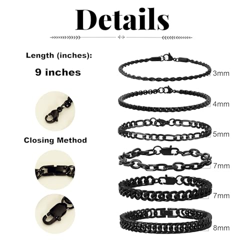 XIANNVXI 6pcs Bracelets for Men Gifts for Him Stainless Steel Bracelet Silver/Gold/Black Cuban Link Rope Paperclip Chain Bracelets Set 6.5/7/7.5/8.3/9 Inches Metal Bracelet Mens Fashion Accessories Jewelry Gifts Set - color: Black, size: 9 in-Men Large