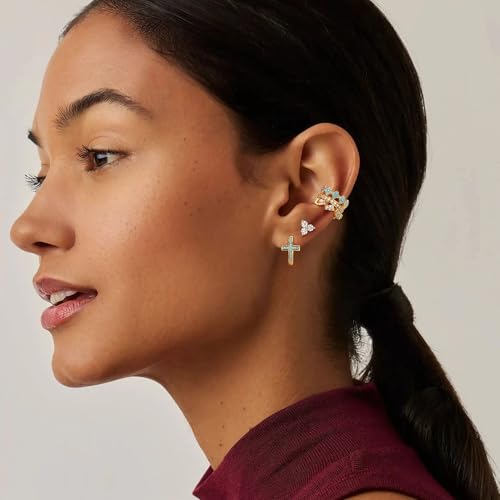 MEVECCO Cross Hoop Earrings 14K Gold Plated Dainty Minimalist Simple Small Faith Cross Huggie Earrings For Women Symbol of Protection Faith Jewelry Gift - style: Tur-Cross