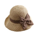 Womens Straw Hat Foldable Wide Brim Floppy Beach Sun Hats, Bucket Cap with Bowknot for Girls - color: Beige