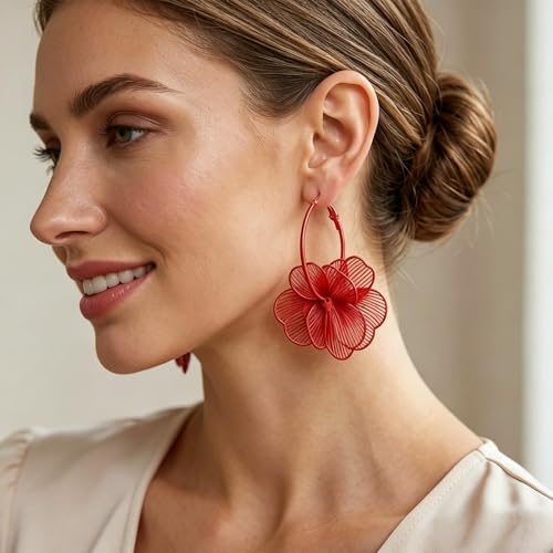 Gold Flower Statement Earrings for Women Boho Trendy Hoop Earrings Floral Dangle Petal Earring Prom Wedding Jewelry Gifts - color: A6:red