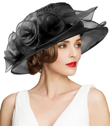 Women's Kentucky Derby Church Dress Hat Wide Brim Leaf Flower Bridal Shower Hat - color: A9 Black