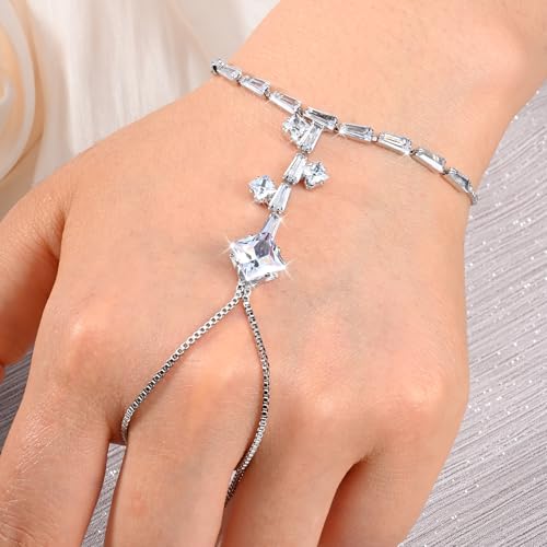 Adjustable Hand Chain Bracelet Women, 16K Gold Plated Finger Bracelet, Secure Ball Clasp Elegant Slave Hand Jewelry, Y2K Aesthetic Accessories for Summer Festival Prom Beach Vacation Daily Wear - color: style9-16K silver-plated