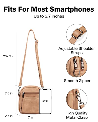 FADEON Small Purses for Women Crossbody Bags, Designer PU Leather Mini Cross Body Purse Travel Shoulder Bag Card Slots - color: Camel Brown Retro Style