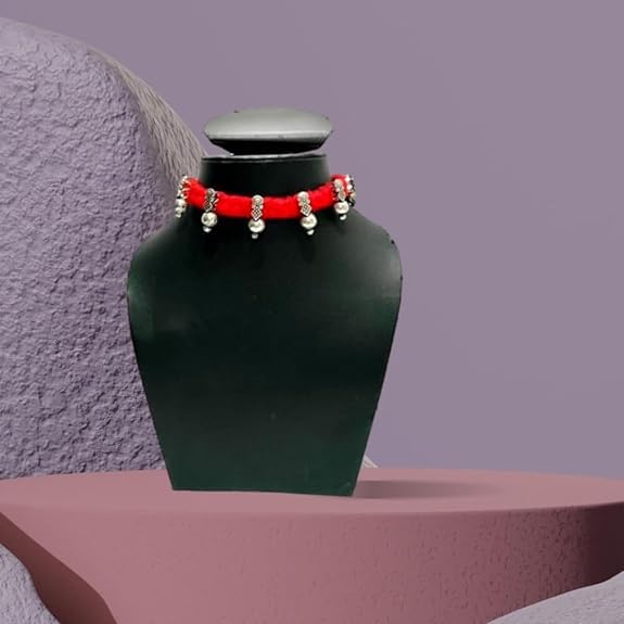 athizay Boho Charm Thread Choker Necklace – Braided Bohemian Choker with Oxidized Silver Dangle Charms | Handmade Boho Jewelry for Women - color: Red, Silver