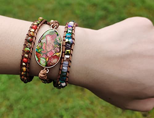 Women Wrap Bracelet Boho Natural Jasper Crystal Stone Beads Strand Bracelets - color: Colored turquoise