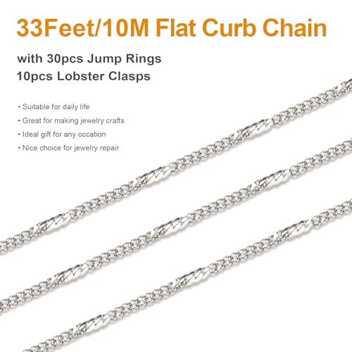 Kyutong 10M Stainless Steel Chain for Jewelry Making Thin Curb Silver Chains for Necklace Bracelet Making Supply Jewelry Findings - color: Flat Curb Silver