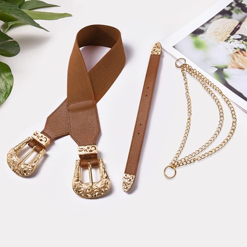 Dubulle Womens Belt Chain Leather Belts Vintage Western Adjustable Elastic Double Buckle for Cowboy Pant Dress - color: Coffee Brown Gold