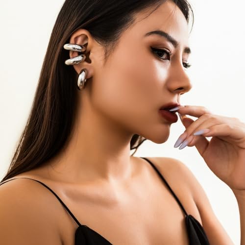 Gold Ear Cuff Earrings for Women Non Piercing 14K Gold Plated/Silver Cuff Clip On Cartilage Hoop Shining Cubic Zirconia Twisted Chain Ear Clip On Earring for Women Chunky Ear Cuffs Earrings - color: silver