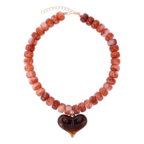 Chunky Colorful Beaded Statement Boho Summer Beach Chokers Necklace Heart Pendant Pink Green Yellow Brown Fashion Jewelry - color: brown2