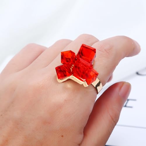 Hebelee Boho Square Crystal Statement Ring for Women Gold-Toned Adjustable Expandable Promise Engagement Geometric Rings Comfort Fit Elegant Art Deco Birthday Christmas Cocktail Party Y2K Jewelry - color: Red