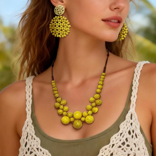 2 Pcs Hippie Boho Colorful Ceramic Beaded Necklace and Earrings Set for Women Adjustable Chunky Round Beads Strand Statement Necklace Colorful Summer Beaded Earrings Bohemian Jewelry Gift - color: Earth Yellow