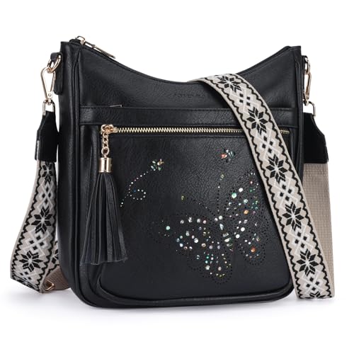 KITEVIUN Medium Crossbody Bags for Women Trendy, Women's Butterfly Shoulder Handbags with Tassel - color: 007-black