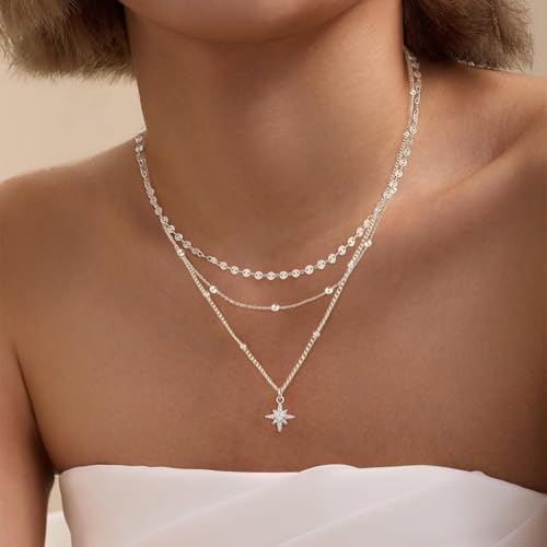 XIXINI Layered Necklaces for Women, Dainty Gold Necklace Stack 14k Gold Plated Layering Beads Choker Pendant Necklace Set Simple Statement Gold Necklaces for Women Trendy Fashion Gold Jewelry Sets - color: 3layered star necklaces-Silver