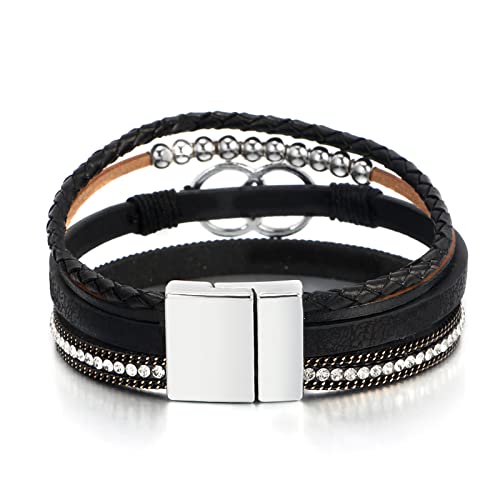 Fesciory Leopard Bracelet for Women, Boho Leather Wrap Multi-Layer Pearl Crystal Bracelet Bangle Jewelry - style: Double Circle(Black)