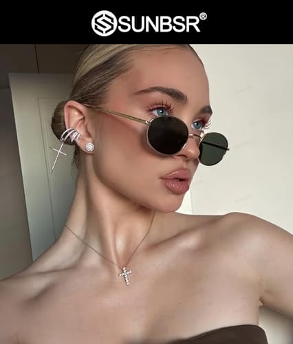 Retro Oval Sunglasses for Women Men 90s Trendy Small Round Gold Sun Glasses Fashion Narrow Metal Frame Shades - color: Gold/G15