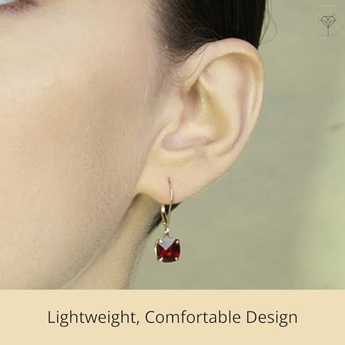 14k White or Yellow Gold Cushion Cut Gemstone Dangle Earrings for Women with 8mm Birthstones by MAX + STONE - color: Garnet
