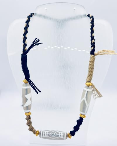 Handmade Agate Necklace with Cultural Patterns, 3 Natural Agate Stones Braided Necklace for Men Women, Good Luck Amulet Jewelry