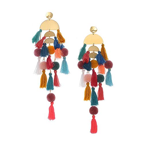 Long Tassel Earrings for Women Colorful Fringe Drop Dangle Earrings Bohemian Hawaiian Summer Beach Jewelry for Womens Vacation Outfits - color: Colorful