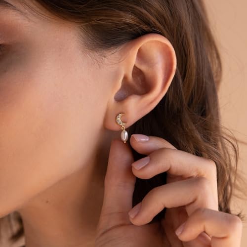 Pearl Earrings for Women 14K Gold Freshwater Pearl Hoop Earring Dangle Drop Wedding Earrings Bridal Bridesmaid Jewelry Gifts for Women - color: Gold Moon & Star Pearl Earrings