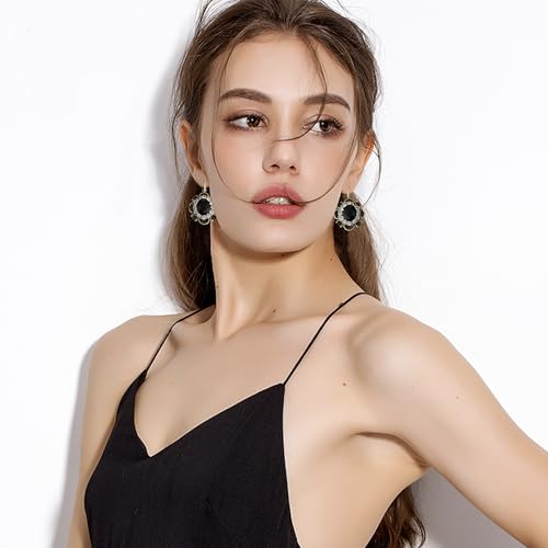 Handmade Bohemian Vintage Gold Sparkly Crystal Round Flower Leverback Earrings Cute Rhinestone Geometry Dangle Drop Earring for Women - color: Black