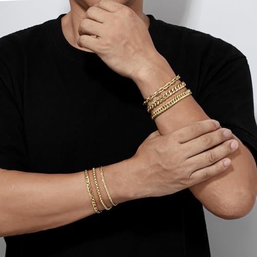XIANNVXI 6pcs Bracelets for Men Gifts for Him Stainless Steel Bracelet Silver/Gold/Black Cuban Link Rope Paperclip Chain Bracelets Set 6.5/7/7.5/8.3/9 Inches Metal Bracelet Mens Fashion Accessories Jewelry Gifts Set - color: Gold, size: 9 in-Men Large