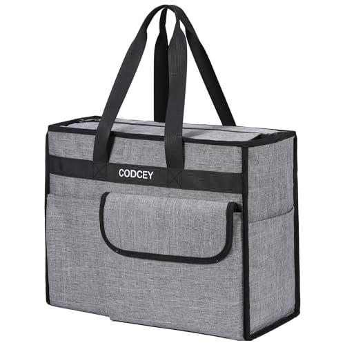 Large Utility Tote Bag with Reinforced Bottom, Waterproof Multi Pockets Beach Tote Bag for Travel, Work, School - color: Grey