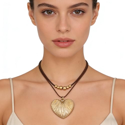 Boho Necklace for Women Adjustable Silicone Rope with Gold Beaded Pendant Chunky Handmade Vintage Jewelry - style: Heart Necklace