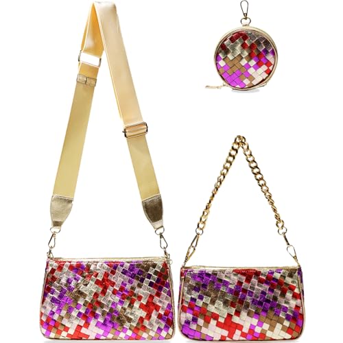Handmade Woven Small Crossbody Bag for Women with Coin Purse, Designer Shoulder Handbag 3pcs Set, Mini Tote Clutch - color: Rose Multicolor