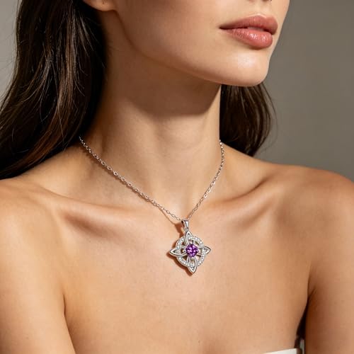Mystical Birthstone Witches Knot Necklace – Natural Crystal Celtic Pendant, Wiccan Pagan Jewelry Gift for Women - color: February