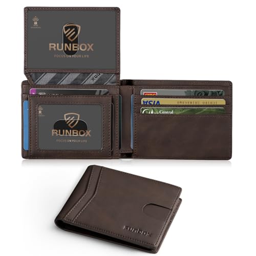 RUNBOX Wallet for Men -Slim Rfid Leather Mens Bifold Novelty Wallets 2 ID Window With Gift Box Men's Accessories | Slim - color: CH DARK BROWN