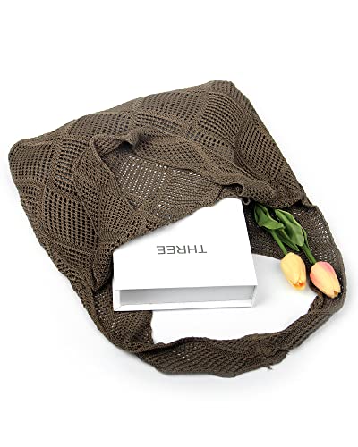 Crochet Mesh Beach Tote Shoulder Handbags Hobo Summer Aesthetic Women's Bag - color: Brown
