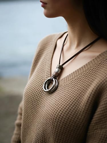 PU Leather Necklace Vintage Boho Style Multilayer Pendant Long Sweater Necklace Jewelry for Women Men with Adjustable Leather Cord - color: Leather Double Rings Necklace