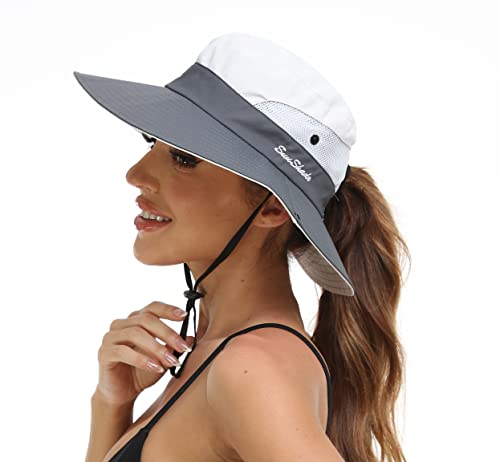 Womens Summer Sun Hat Beach Hat Wide Brim Outdoor UV Protection Hat Foldable Cool Mesh Ponytail Bucket Hat - color: Grey+beige