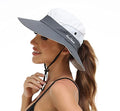 Womens Summer Sun Hat Beach Hat Wide Brim Outdoor UV Protection Hat Foldable Cool Mesh Ponytail Bucket Hat - color: Grey+beige