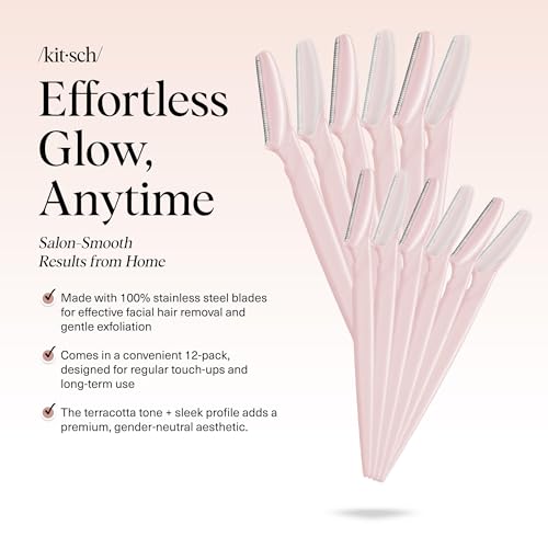 Kitsch Dermaplane Razor for Women Face – Face Razors for Women & Men, Eyebrow Trimmer & Face Shaver – Exfoliating Facial Razor & Skin Care Tool for Smoother Skin - Blush, 12 pcs - color: Blush, size: 12 Count (Pack of 1)