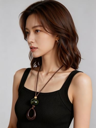 Kelake Leather Necklace for Women Men Teen Vinatge Boho Alloy Pendant Choker Jewelry Fashion Sweater Necklaces with Adjustable Genuine Leather Chain - color: Jade Bead Teardrop Wood Pendant