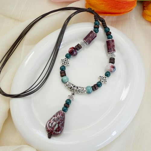 Adjustable Ceramic Beaded Necklace for Women, Boho Handmade Flower Pendant Necklace, Hippie Jewelry for Mom and Wife - color: Deep Green and Red, style: Bohemian