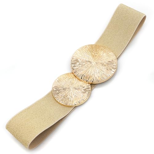 Women Wide Stretchy Waist Belts Elastic Cinch Belt for Dresses - color: Bling Beige Band Gold Buckle, size: Fit Waist 26"-28"