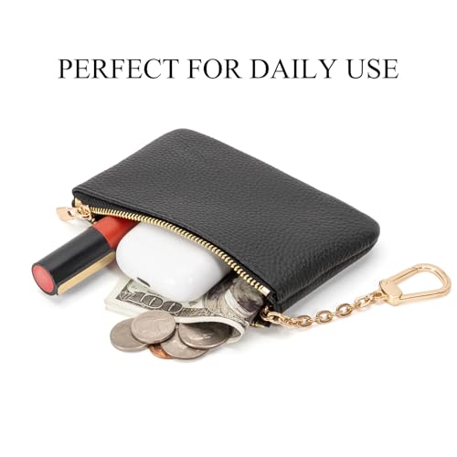 Full Grain Leather Coin Purse with Key Chain - Small Change Purse Keychain Card Holder Keychain Pouch Small Keychain Wallet for Women and Men (Black - Large Size) - color: Black, Large Size