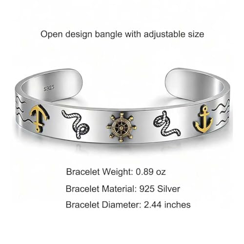 Kim Carrey S925 Sterling Silver Bracelet, Stacked Bracelets Open Bangle Cuff Design, Men's Gift Jewelry for My Man - style: Nautical style