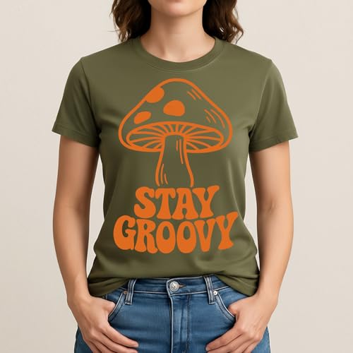 Stay Groovy Mushrooms T-Shirt– Retro Aesthetic Apparel – 100% Cotton Unisex Tee - color: Green, size: Medium