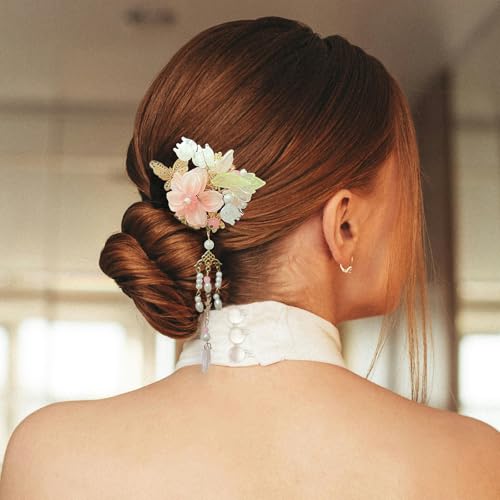 2PCS Chinese Hair Sticks Pink Flower Hair Pins Hanfu Tassel Hair Chopsticks Floarl Dangling Hair Fork Vintage Hair Accessories for Buns Long Hair Women