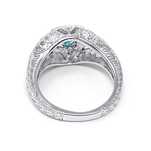Blue Apple Co. Art Deco Ring Round Cubic Zirconia Leaf Filigree Design Split Shank Twisted Band Bridal Statement Wedding Engagement Rings For Women 925 Sterling Silver Gifts For Her - color: Simulated Paraiba Tourmaline CZ