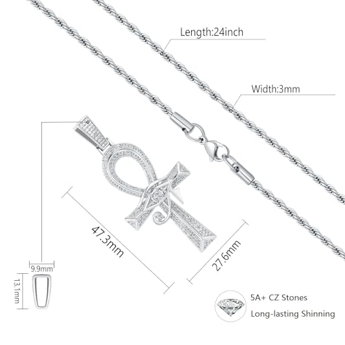 Eye of Horus Ankh Cross Pendant Necklace 18K White Gold Plated Iced Out CZ Bling Ancient Egyptian Religious Symbol Protection Chain Jewelry for Men Women Christmas Birthday Gift - color: White